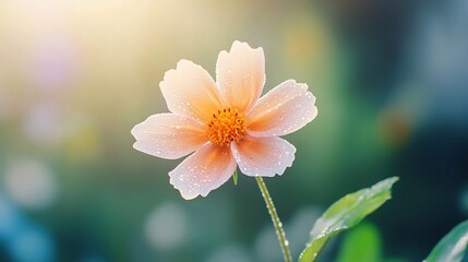 Dew covered cosmos flower petals in soft morning sunlight with minimalist vintage tones
