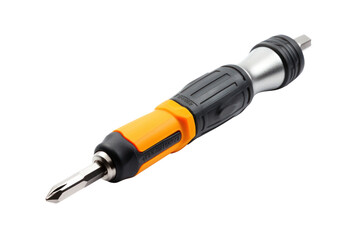 A screwdriver with a rubber grip handle and chrome-plated shaft displayed vertically isolated on white background