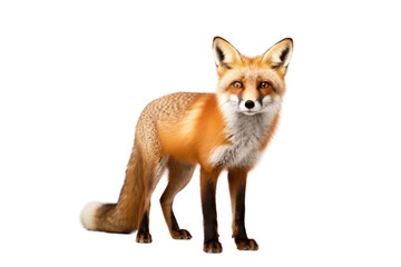 Obraz premium A red fox standing in a curious pose with ears perked up isolated on white background
