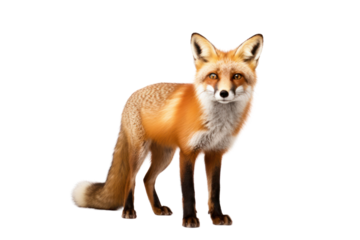 A red fox standing in a curious pose with ears perked up isolated on white background