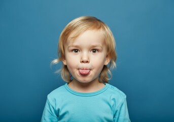 Naklejka premium Playful toddler in blue shirt sticking out tongue against blue background