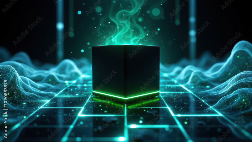 Wall mural a digital rendering featuring an ai-themed black box with green accents on a futuristic grid platfor