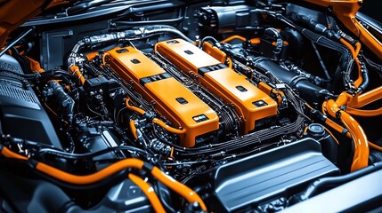 The engine of an electric vehicle, showcasing the orange and black battery system in place.