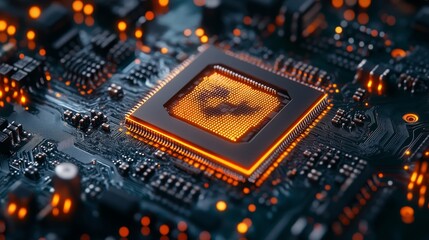 Close-up of a glowing microchip on a circuit board, highlighting advanced technology, innovation, and electronic design in a futuristic and vibrant environment
