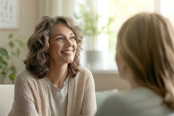 Smiling woman in conversation, natural light, warm tones.