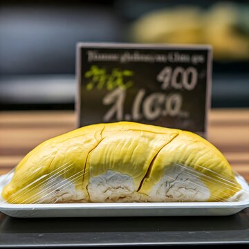 Durian Flesh in Plastic Wrap, Golden Durian Segments: Wrapped and Priced for the Market