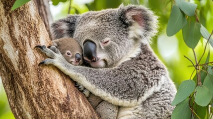 Obraz premium A koala snuggling a baby joey in the fork of a eucalyptus tree.