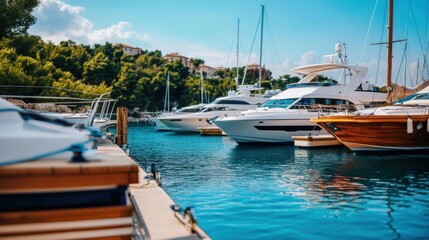 Fototapeta premium Luxurious yachts docked in a serene marina surrounded by lush greenery and calm waters under a bright blue sky, perfect for tranquil summer escapes.