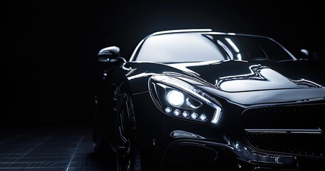 Fototapeta premium Black background with a car in the foreground, illuminated by studio lighting. The concept of luxury cars and advertising for high-end fashion