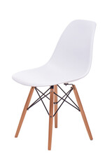 White modern chair with wooden legs. Isolated on a white background.