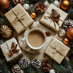 Cozy holiday scene with gift boxes, pinecones, and a warm cup of coffee surrounded by festive decorations.