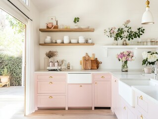 Lovely Pink Kitchen With Farmhouse Style Shelves And Decor