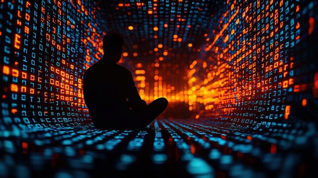 A person sitting in a digital environment filled with glowing binary code. - Powered by Adobe
