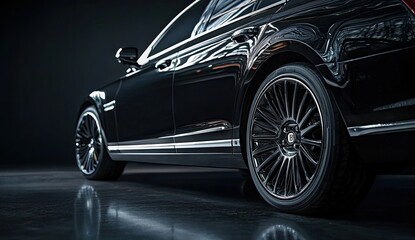 Black background with a car in the foreground, illuminated by studio lighting. The concept of...