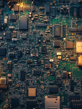 Intricate Circuit Board Beauty: A Close-Up - High-resolution image showcasing the intricate detail of a circuit board, symbolizing technology, innovation, electronics, complexity, and precision.