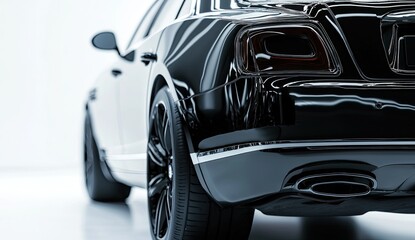 Fototapeta premium Black luxury car close-up on a white background with copy space, detailed car body with chrome elements and shining wheels
