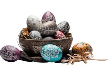 A collection of intricately decorated Easter eggs and a small basket with a ribbon, placed on a grey concrete backdrop, isolated on white background
