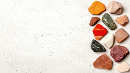 Naklejka premium Colorful stones arranged on a light background, showcasing a variety of shapes and textures for a natural and artistic aesthetic.
