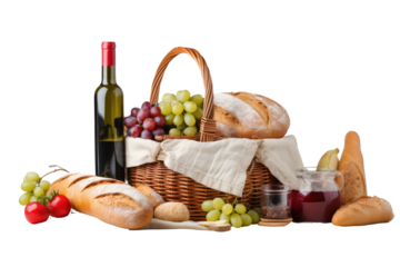 A close-up of a picnic basket filled with fresh bread, cheese, fruits, and a bottle of wine on a rustic cloth isolated on white background