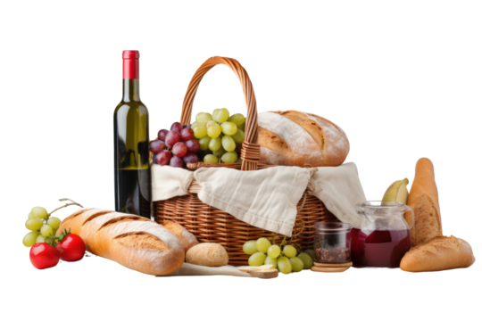 A close-up of a picnic basket filled with fresh bread, cheese, fruits, and a bottle of wine on a rustic cloth isolated on white background