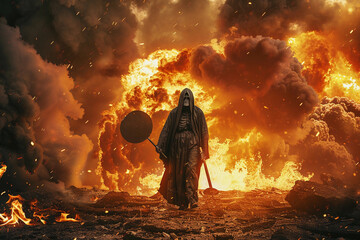 Fototapeta premium Scary grim reaper with sharp scythe in hell with dramatic background