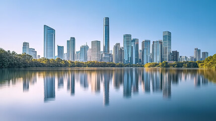 Obraz premium Reflection of urban skyline buildings