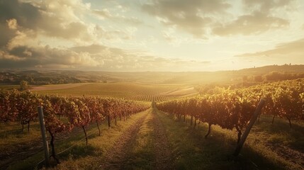 Obraz premium A panoramic view of rolling vineyards under a soft, cloudy sky in Tuscany.