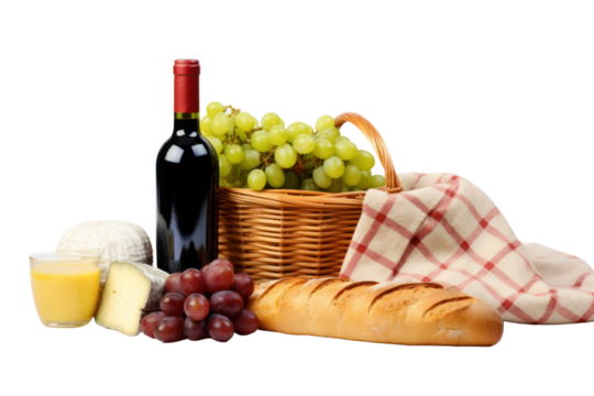 A close-up of a picnic basket filled with fresh bread, cheese, fruits, and a bottle of wine on a rustic cloth isolated on white background