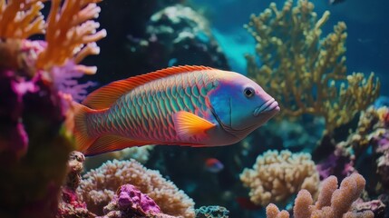Fototapeta premium A parrotfish grazing on coral in a vibrant underwater reef.