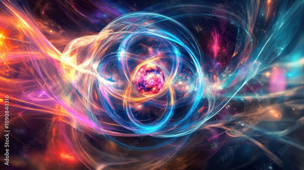 Poster An abstract visualization of atomic structures depicting energy and movement in a colorful cosmic background