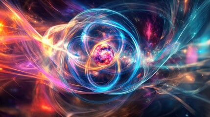 Obraz premium An abstract visualization of atomic structures depicting energy and movement in a colorful cosmic background