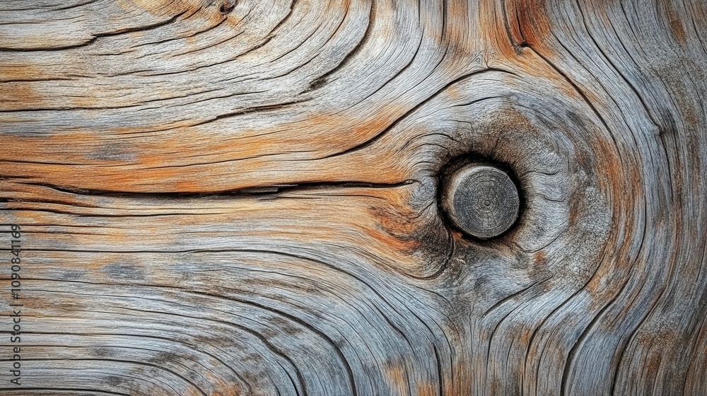 Aufkleber Weathered wooden surface with intricate grain patterns and a visible knot showcasing natural aging in a rustic setting