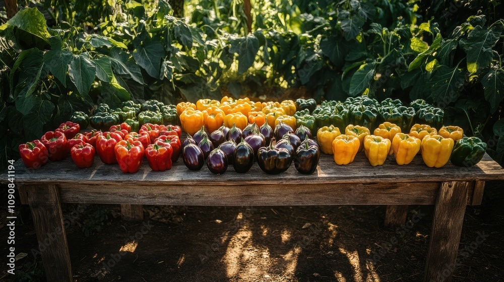 Poster A colorful array of fresh bell peppers displayed on a rustic wooden table in a sunlit garden during the summer harvest