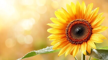 Obraz premium Sunflower Petal with Shimmering Dew Droplets in Warm Vintage Light