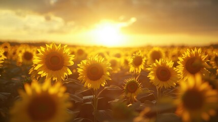 Obraz premium A beautiful sunflower field at dusk bathed in golden light