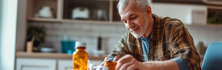 An elderly man is carefully sorting through various medication bottles on a table in his cozy kitchen, focusing on his health and daily routine in the morning light