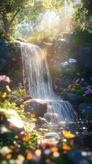 Fototapeta premium A serene canyon waterfall surrounded by vibrant wildflowers in sunlight during a peaceful afternoon