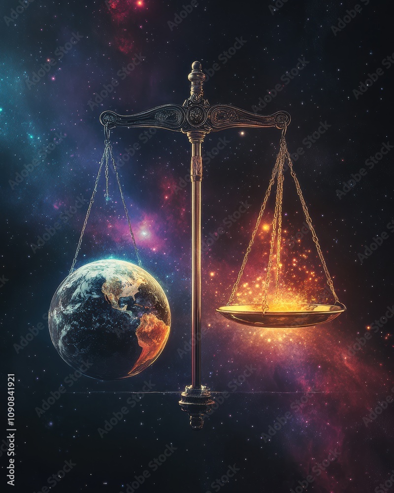 Poster a scale balancing earth and cosmic energy in a vast, colorful expanse of space, representing the har