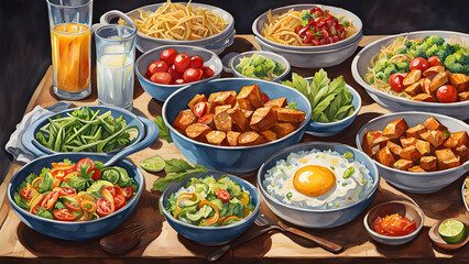 illustration of healthy breakfast, healthy meal concept, healthy lunch, healthy dinner, vegetables and meat, healthy eating habit, ai generated