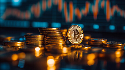 Gold cryptocurrency Bitcoin on the background of the chart.