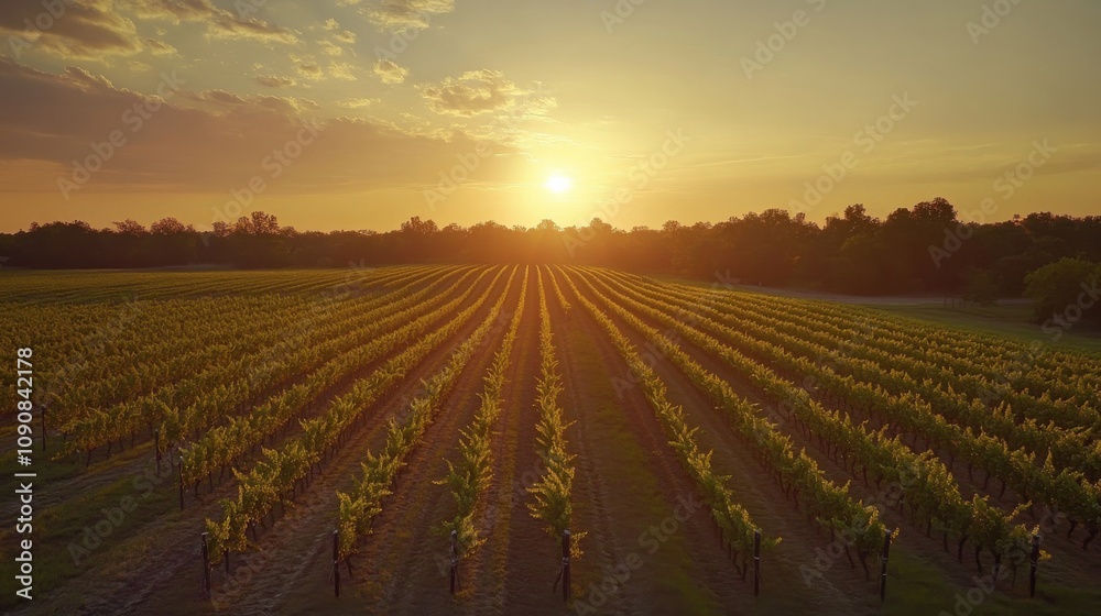 Poster breathtaking sunset over lush vineyards with rows of grapevines stretching towards the horizon in a 