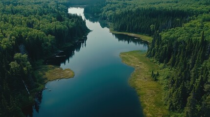Fototapeta premium Aerial view of the serene Allagash wilderness showcasing lush forests and winding waterways during a tranquil summer day