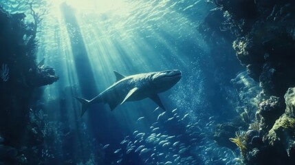 Obraz premium A prehistoric underwater scene with a Mosasaurus chasing a school of fish.