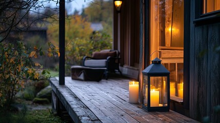 Fototapeta premium Cozy Cabin Porch with Lantern and Candlelight