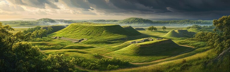 Naklejka premium A captivating look at the Cahokia Mounds at sunrise, showcasing prehistoric earthworks and lush landscapes in Illinois