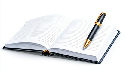 Naklejka premium A photostock of an open diary with blank pages and a pen on isolated on transparent PNG background, High Quality.