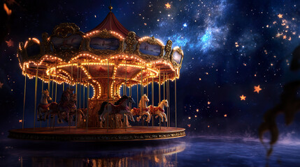 Illuminated Carousel with Horses at Night