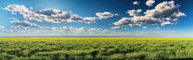 Obraz premium Vast plains stretching under a bright blue sky decorated with fluffy clouds and golden wildflowers during a clear sunny day