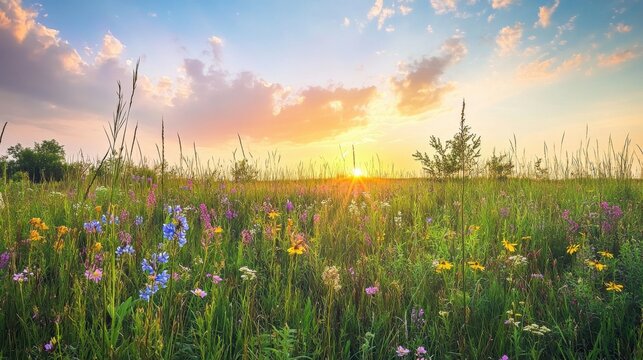 A picturesque sunset over tallgrass prairie adorned with blossoming wildflowers and vibrant greenery
