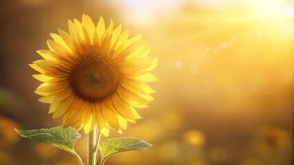 Obraz premium Vibrant sunflower field basking in sunlight with a glowing sunset in the background